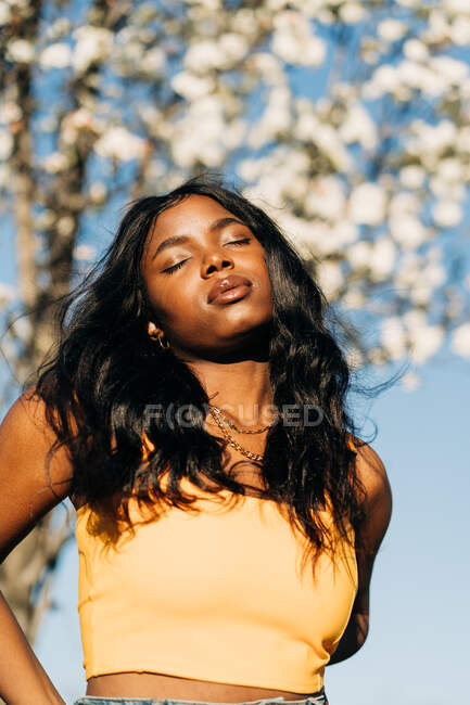 Angolo basso di donna afroamericana sognante in piedi nel parco primaverile in fiore e godendo di tempo soleggiato con gli occhi chiusi — Foto stock