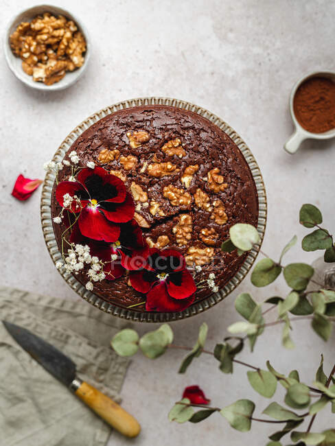 Von oben süßer Schokoladenkuchen, garniert mit roten Blumen und Walnüssen auf dem Tisch — Stockfoto