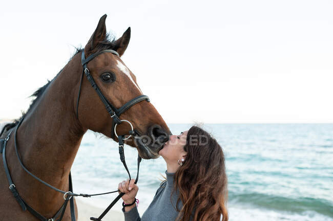 Vue latérale de jeune femelle embrassant museau d'étalon de châtaignier en bride contre l'océan ondulé — Photo de stock