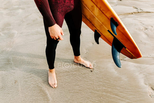 Cropped anonymous surfer man dressed in wetsuit standing with surfboard on the beach during sunrise — Stock Photo