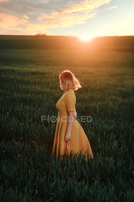 Jovem fêmea em vestido vintage olhando para longe pensativo enquanto está sozinha no campo gramado ao pôr do sol na noite de verão no campo — Fotografia de Stock