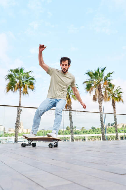 Corpo completo di focalizzata maschile in abbigliamento casual equitazione skateboard sul lungomare di legno contro palme e fiume — Foto stock