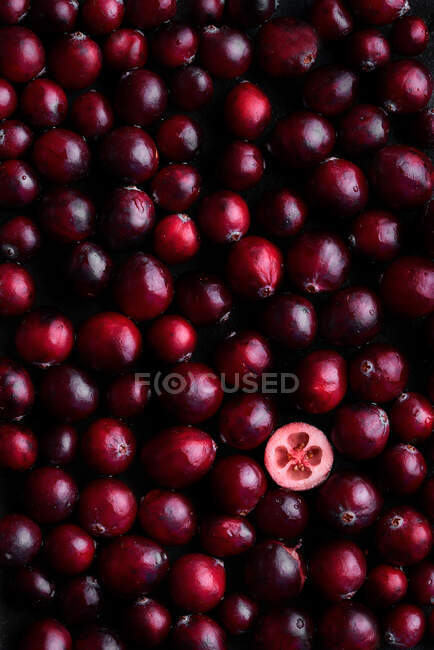 Top view of fresh red blueberries and in detail one of them cut in half — Stock Photo