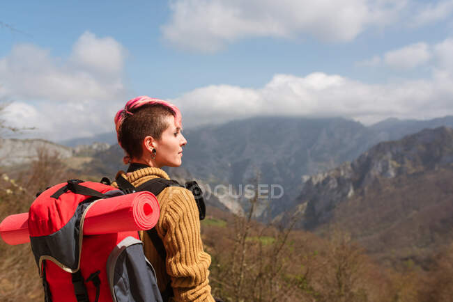 Back view of pensive female traveler with backpack standing in mountains looking away — Stock Photo