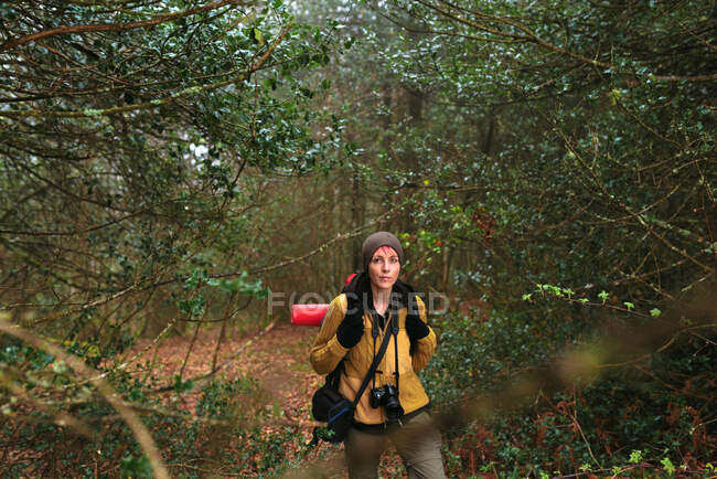 Задоволена подорожуюча жінка з рюкзаком і фотоапаратом, що стоїть в зеленому лісі і дивиться на камеру — стокове фото