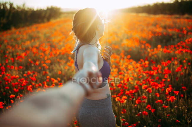 Visão traseira da jovem mulher em roupas esportivas segurando a mão do humano perto do grande prado com flores vermelhas e sol no céu — Fotografia de Stock