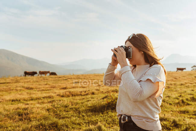 Vista lateral femenina tomando fotos en las montañas - foto de stock