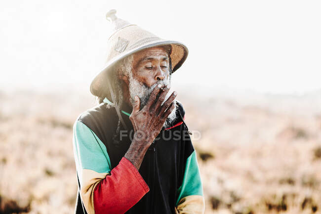 Alegre rastafari étnico de edad con rastas fumar hierba de pie en un prado seco en la naturaleza - foto de stock