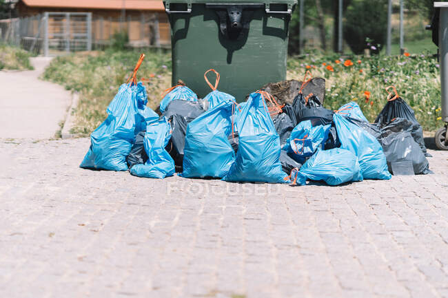 Un mucchio di grandi sacchi di plastica spazzatura collocati vicino al serbatoio della spazzatura nel parco durante la giornata estiva — Foto stock