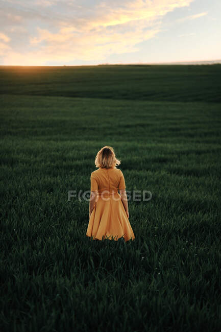 Jovem fêmea em estilo vintage olhando para longe pensativo enquanto está sozinha no campo gramado ao pôr do sol na noite de verão no campo — Fotografia de Stock
