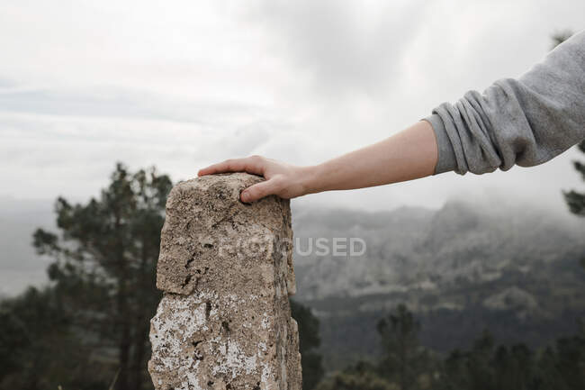 Crop anonymous hiker keeping hand on rough stone against blurred landscape of forested highlands — Stock Photo
