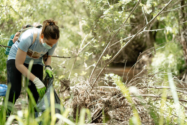 Volontaire écologique féminine active dans un masque de protection et des gants ramassant les ordures du ruisseau dans un sac à ordures dans une forêt estivale — Photo de stock