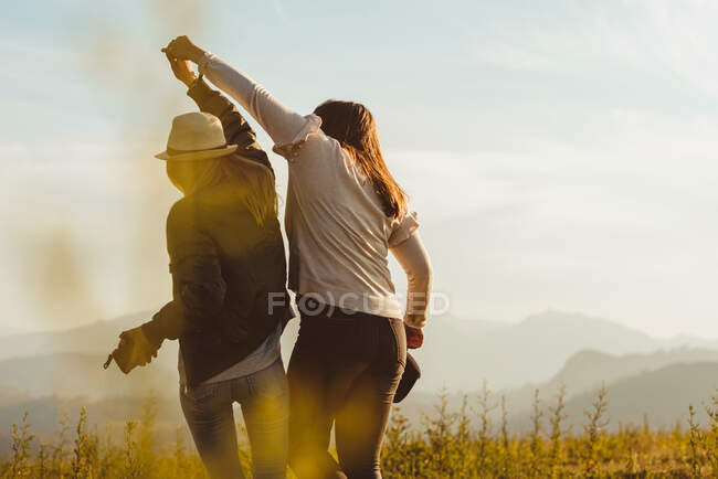 Обратный вид женщин, веселящихся и танцующих, держась за руки и гуляя по полю в горах — стоковое фото