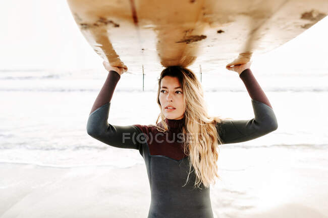 Surfer woman dressed in wetsuit standing while carrying surfboard above head on the beach during sunrise in the background — Stock Photo