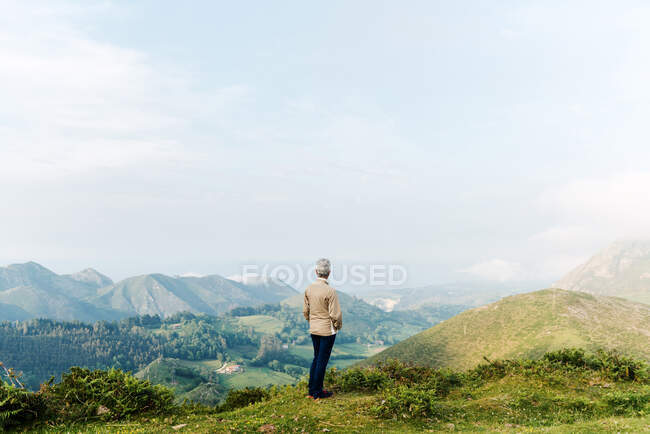 Обратный вид на неузнаваемую старшую женщину-путешественницу, стоящую утром на холмистой местности — стоковое фото