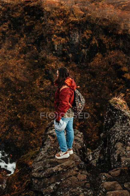 Woman in eyeglasses between wild lands with waterfall — Stock Photo