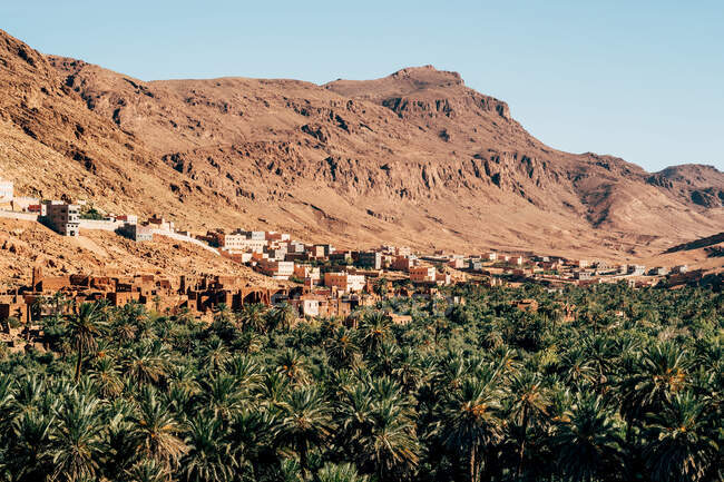 De cima de edifícios de pedra velhos na encosta de montanhas grandes coloridas entre fábricas verdes com céu azul claro no fundo em Marrocos — Fotografia de Stock