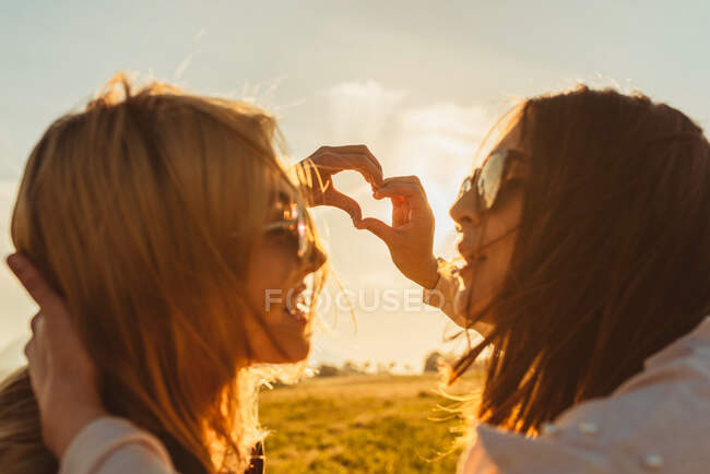 Seitenansicht von jungen Freundinnen, die einander anschauen und eine Herzensgeste mit den Händen gegen den Sonnenuntergang in der Natur machen — Stockfoto