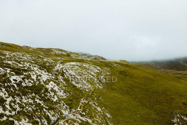 Malerischer Blick auf Hügel in der Nähe Wiese mit Gras und bewölktem Himmel — Stockfoto