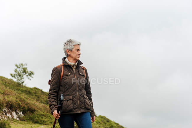Літня жінка з рюкзаком тримає пішохідну палицю і стоїть на трав'яному схилі до гірського піку під час подорожі на природі — стокове фото