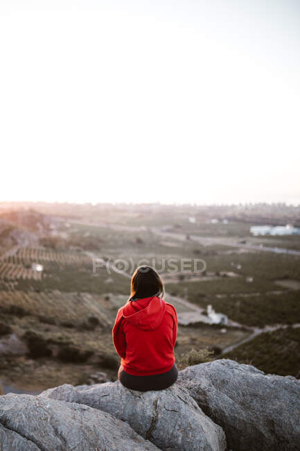 Pintoresca vista del joven turista sentado en la cima de la montaña y mirando hacia otro lado en un día soleado - foto de stock