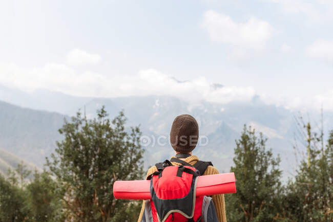 Rückenansicht eines anonymen Entdeckers mit Rucksack, der die Freiheit genießt, während er in den Bergen unterwegs ist — Stockfoto