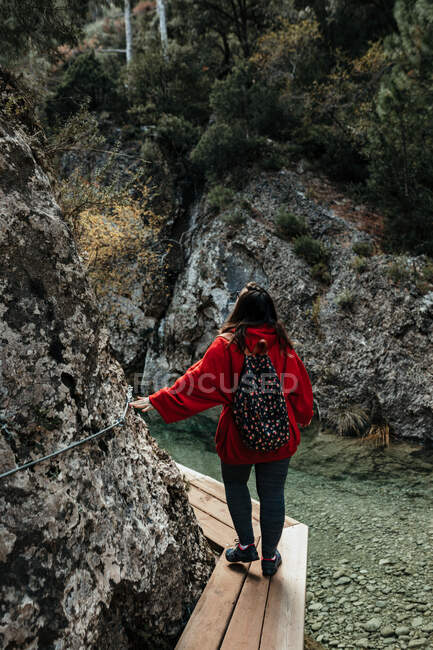 Повернення молодого туриста з рюкзаком, що йде по дорозі над водою біля кам 