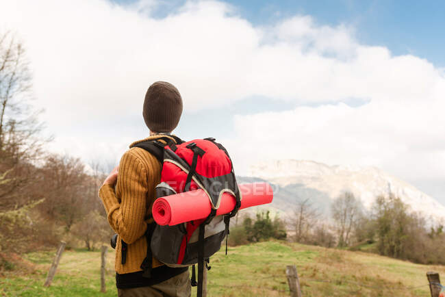 Vista trasera de viajera femenina pensativa con mochila de pie en las montañas mirando hacia otro lado - foto de stock
