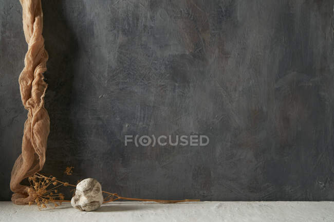 Stone and piece of cloth with dried plant on beige and gray background — Stock Photo