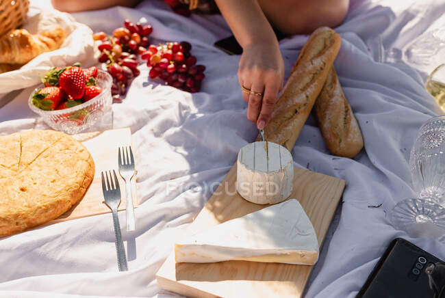 Зверху від урожаю анонімна жінка з ножем, що ріже смачний сир камамбер під час пікніка з ягодами фокаччі та багета — стокове фото