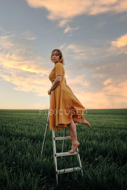 Полный вид босиком неузнаваемой босиком женщины в винтажном платье, стоящей на лестнице в зеленом травянистом поле против облачного неба заката и глядя в сторону как концепция мечты и свободы — стоковое фото