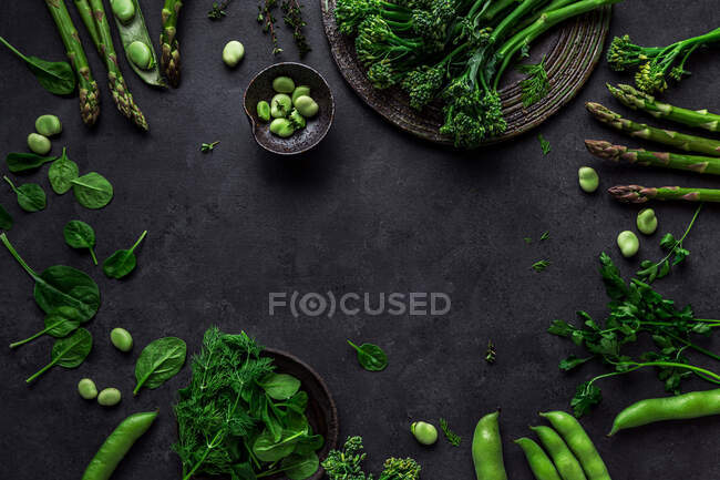 Верхний состав органической вегетарианской здоровой зелени сгустков и стручков, листьев и бобов на столе — стоковое фото