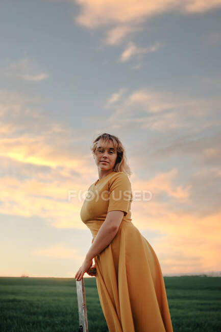 Seitenansicht einer Frau im Vintage-Kleid, die auf einer Leiter im grünen, grasbewachsenen Feld vor wolkenverhangenem Himmel steht und die Kamera als Konzept von Traum und Freiheit betrachtet — Stockfoto