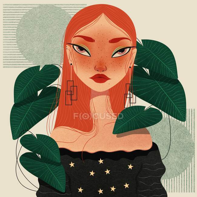 Ilustración de mujer con estilo con hojas y flores - foto de stock
