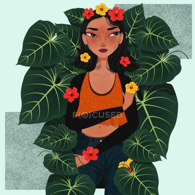 Illustration de femme élégante avec des feuilles et des fleurs — Photo de stock