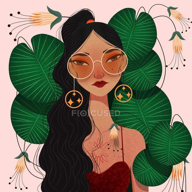 Ilustración de mujer con estilo con hojas y flores - foto de stock