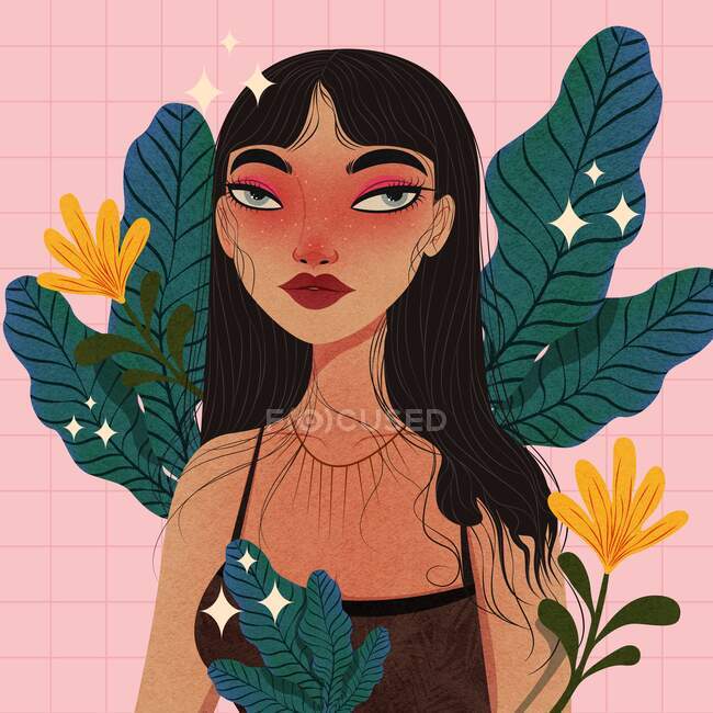 Иллюстрация стильной женщины с листьями и цветами — стоковое фото