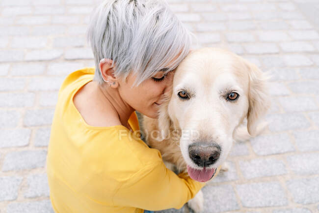From above of blond female touching head to head embracing purebred dog with eyes closed while standing on urban pavement — Stock Photo
