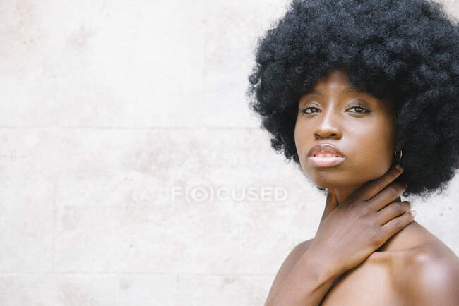 Young African American female model with curly hair touching neck and  covering naked breast with hand in light studio looking at camera — woman,  young adult - Stock Photo | #511445038