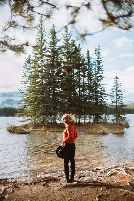 Vista posterior de una hembra irreconocible de pie admirando los árboles de coníferas verdes que crecen en el islote en medio del lago Two Jack contra el cielo azul nublado en Alberta, Canadá - foto de stock
