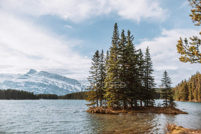 Зелені хвойні дерева, що ростуть на острівці посеред озера Джек проти хмарного блакитного неба в провінції Альберта (Канада). — стокове фото