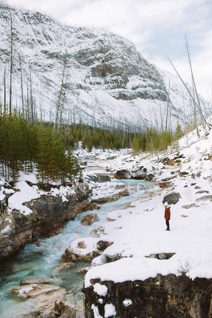 Side view of anonymous hiker standing on snowy coast of rapid brook on winter day in Marble Canyon, British Columbia — Stock Photo