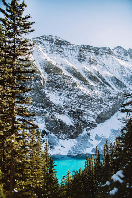 Dall'alto pulito Lago Louise con acqua blu brillante situato vicino a montagne innevate nella giornata invernale in Alberta, Canada — Foto stock