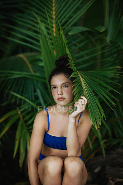 Encantadora joven hembra delgada en traje de baño azul sentada en el tronco del árbol bajo el follaje de la palma verde y mirando a la cámara mientras disfruta de las vacaciones de verano en la playa de Costa Rica - foto de stock