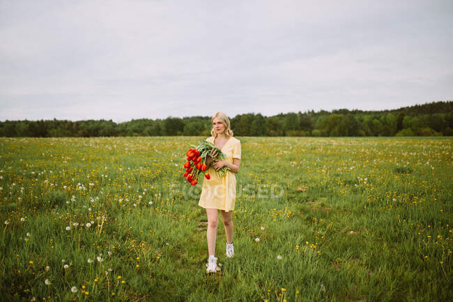 Conteúdo fêmea de vestido de pé com um monte de flores vermelhas de tulipa no prado no verão e olhando para longe — Fotografia de Stock