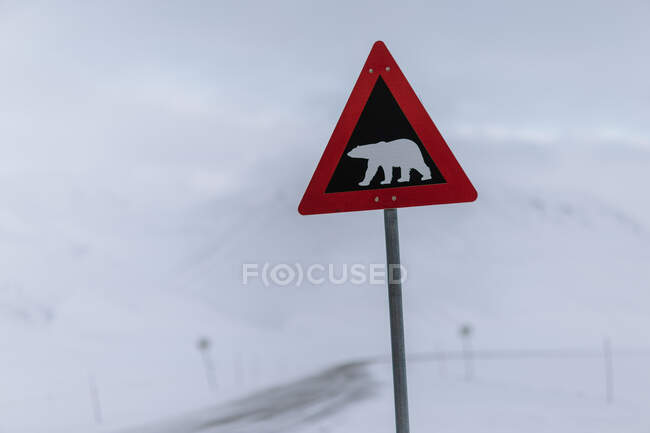 Señal de advertencia de oso polar colocada junto a la carretera en las tierras altas en invierno en Svalbard - foto de stock