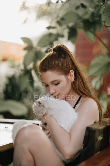 Tender female owner stroking adorable white cat while sitting at table on veranda with tall green plants on blurred background — Stock Photo