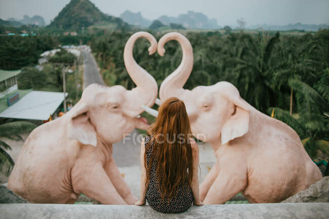Vista posteriore di anonimo viaggiatore femminile seduto vicino alla statua di elefanti contro lussureggianti alberi verdi e montagne nel paese tropicale — Foto stock