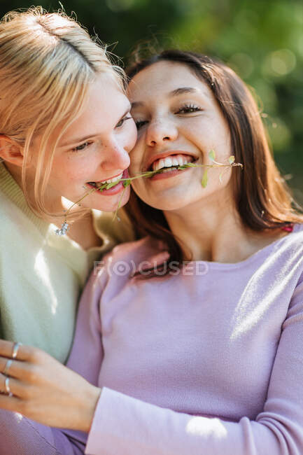 Encantadas irmãs adolescentes com galho de grama nos dentes abraçando e se divertindo no dia ensolarado no jardim — Fotografia de Stock