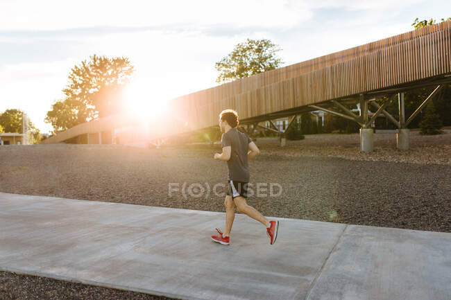 Vue latérale de l'athlète masculin actif courant le long de la passerelle asphaltée pendant l'entraînement cardio au coucher du soleil en été — Photo de stock